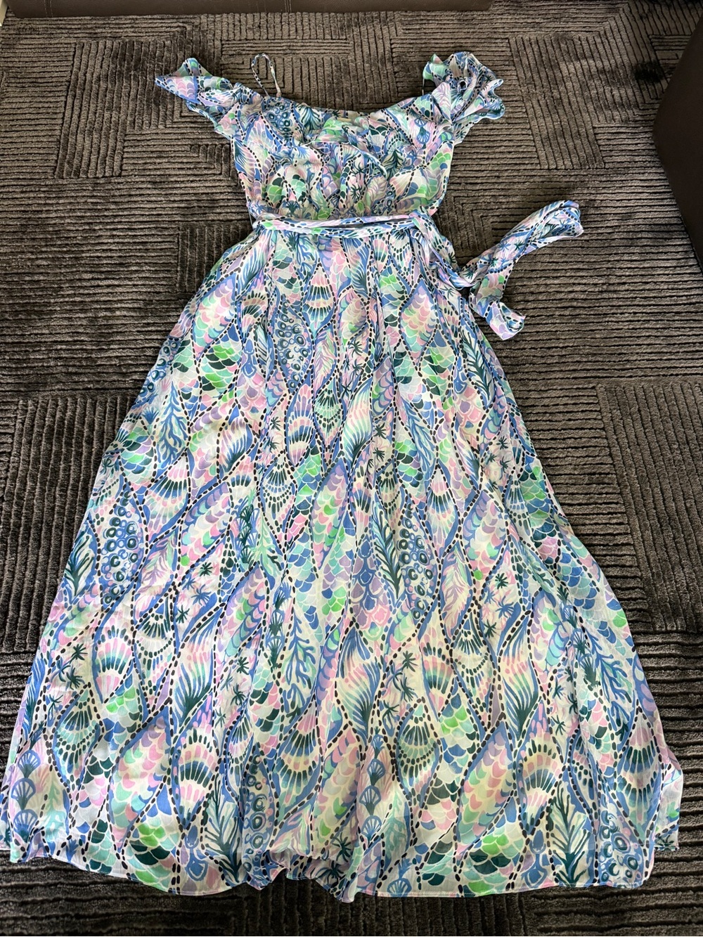 Lilly Pulitzer Pastel Seashell Print Ruffle Maxi Dress